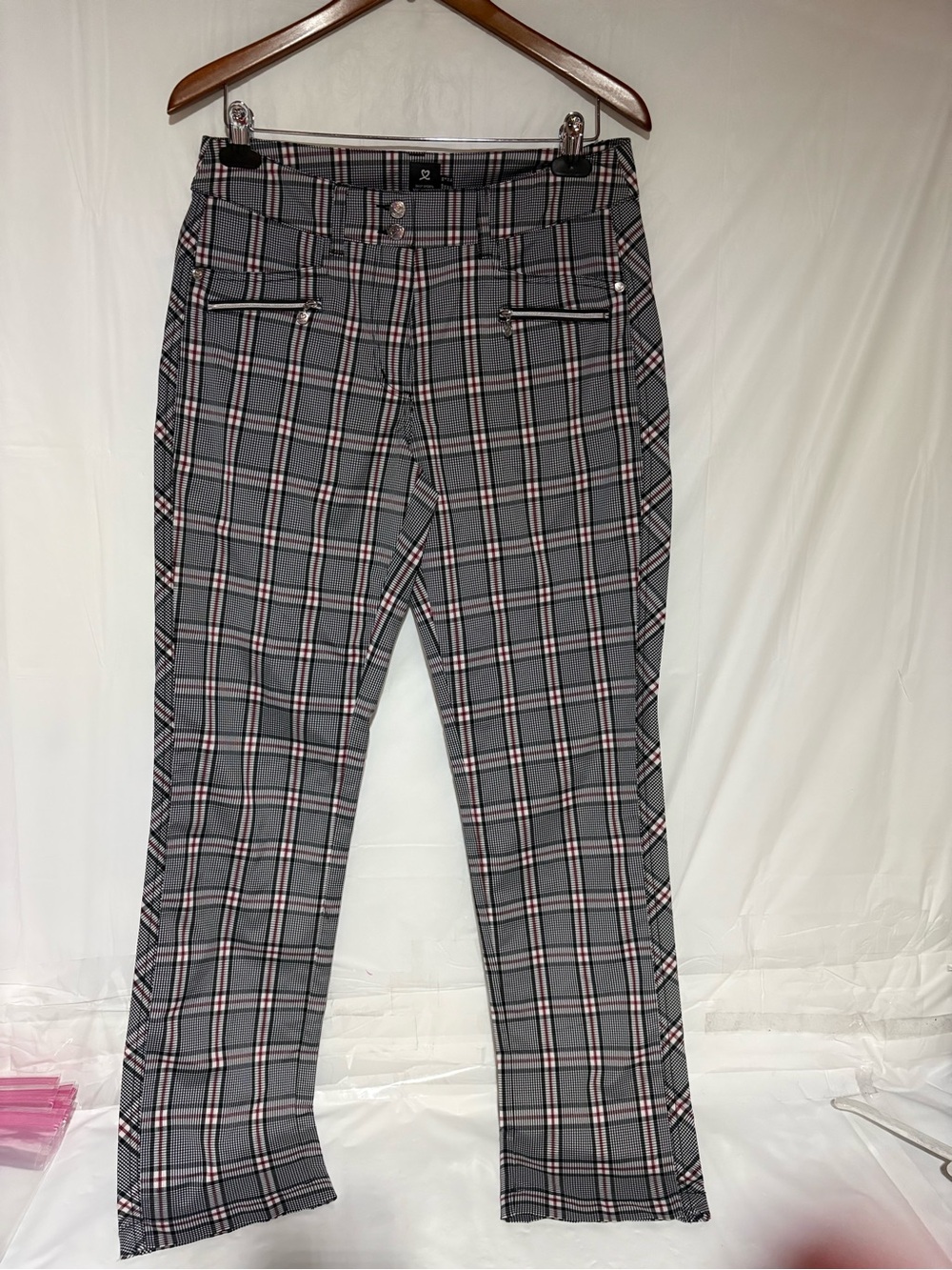 Daily Sports Gray Plaid Straight-Leg Pants with Pink Accents
